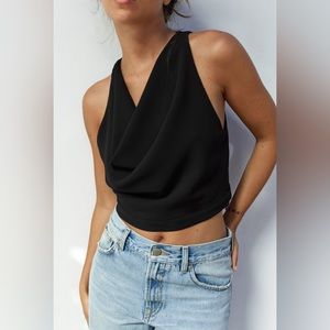 Zara Cowl Neckline Crop Top Black Size Medium NWT